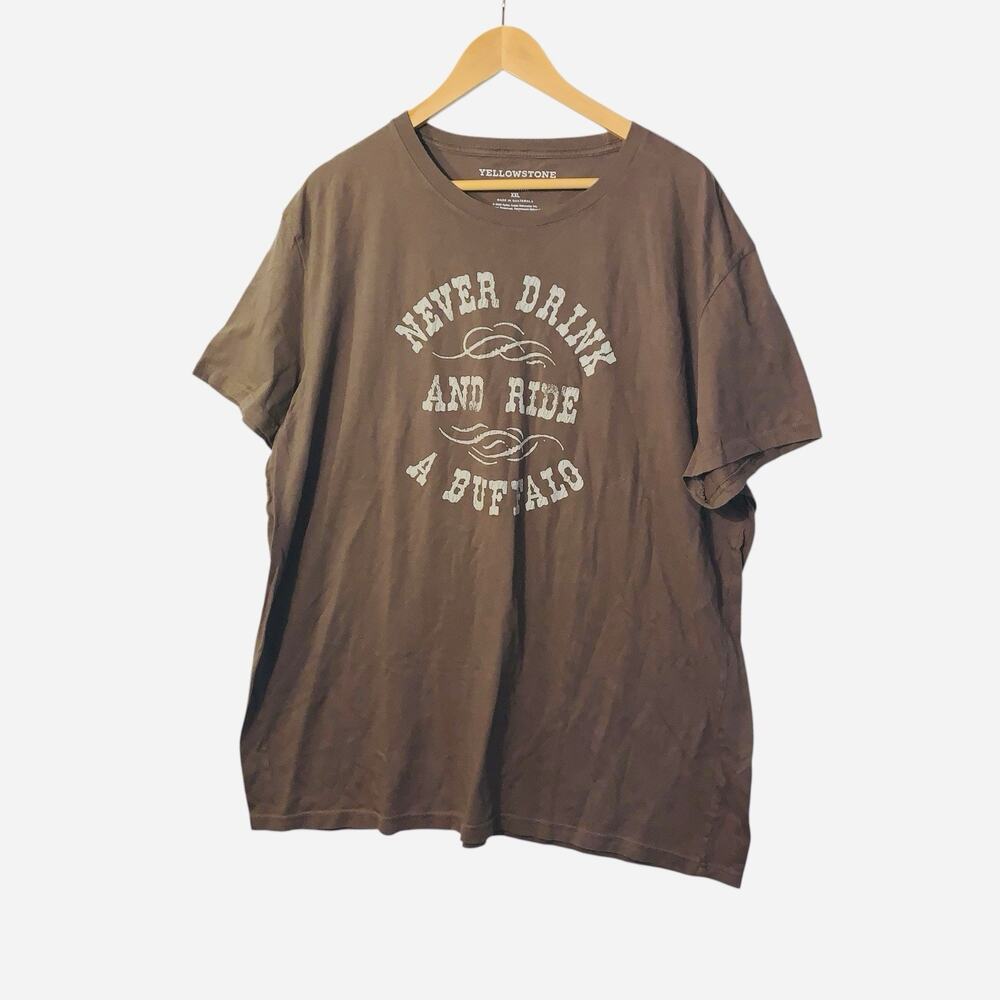 Lucky Brand Men's Brown Tee Yellowstone Never Drink And Ride A Buffalo XXL